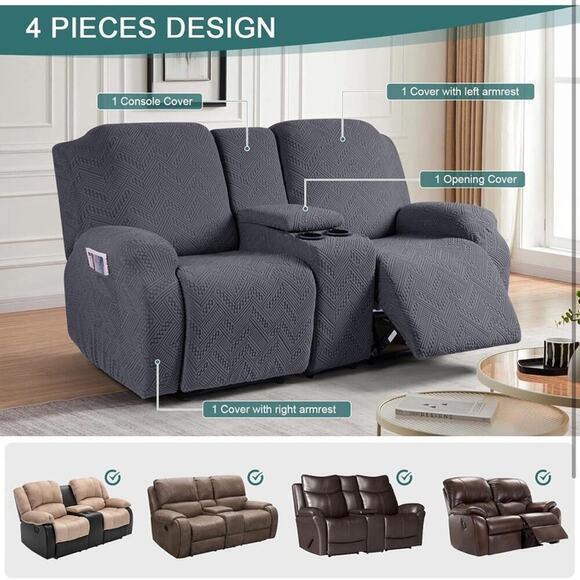 Stretch Recliner Loveseat Sofa Covers Console Pockets, 4-Pieces Reclining - Picture 5 of 6